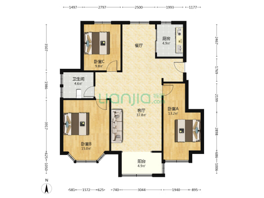 东方御景二期 3室1厅1卫 111平方