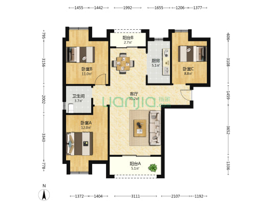 政通壹公馆 3室1厅1卫 109平方