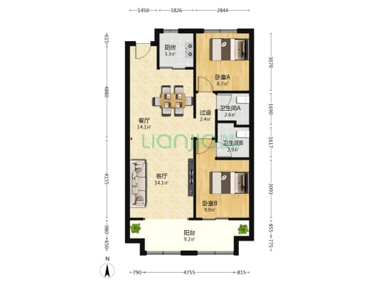 学府华庭 2室2厅2卫 96平方
