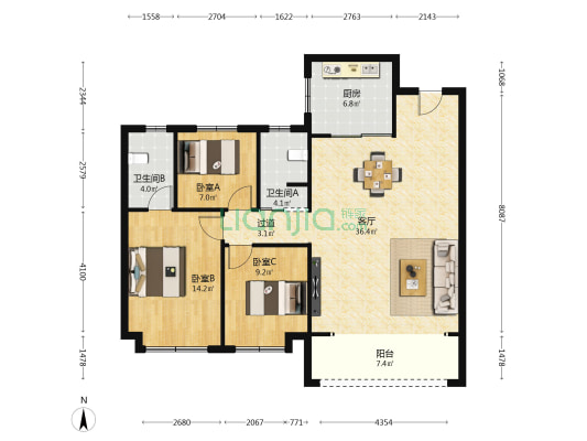 天地源永安华府 3室1厅2卫 121平方