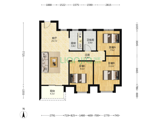 中法企业中心绿景香颂 3室1厅1卫 93平方