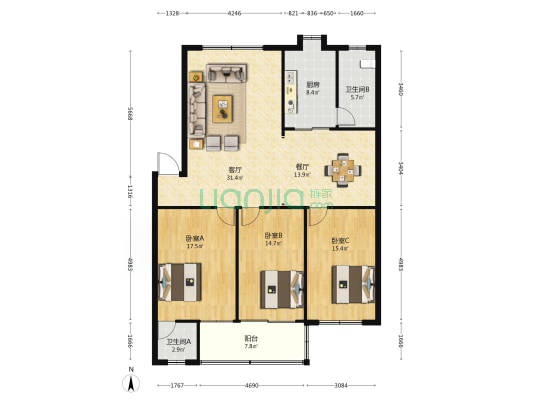 佳能小区 3室2厅2卫 140平方