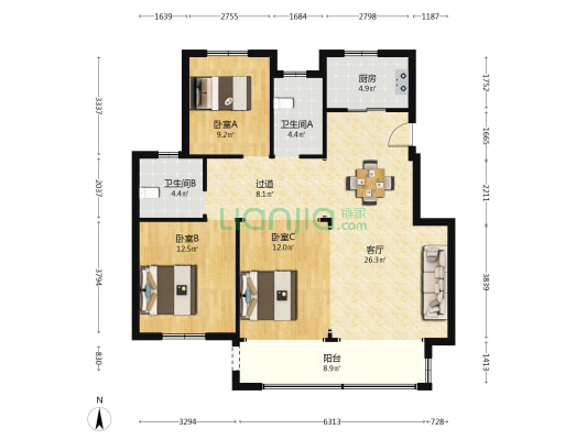 瑞雅新筑 3室1厅2卫 125平方