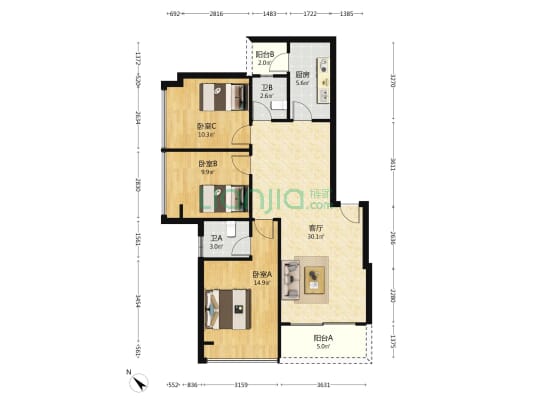 海智云轩 3室1厅2卫 109平方