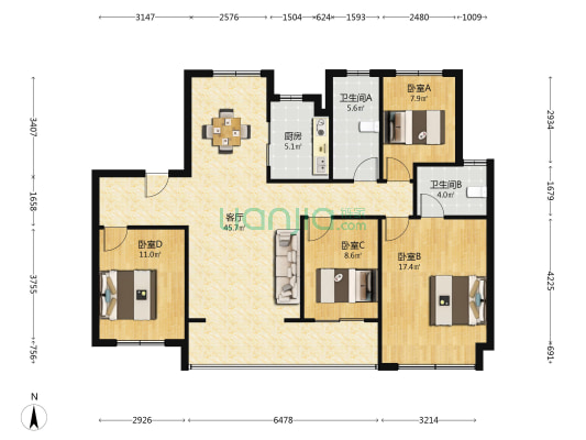 悦年华花园 4室1厅2卫 124平方