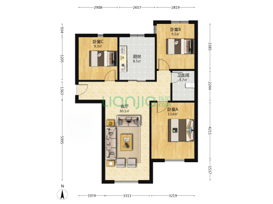 K2狮子城南区 3室1厅 南 北-户型图