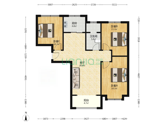 华融现代城 3室2厅 南 北-户型图