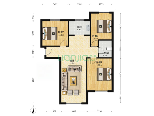 K2狮子城南区 3室2厅 南 北-户型图