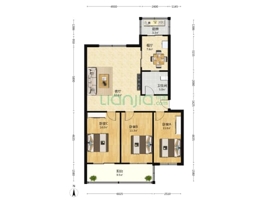 华秋里小区东区 3室2厅1卫 110平方