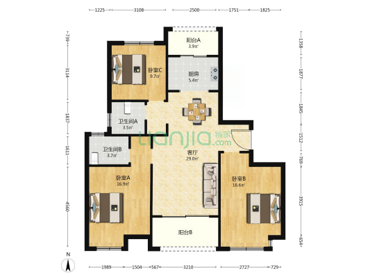 胜法佳苑 3室1厅2卫 120平方