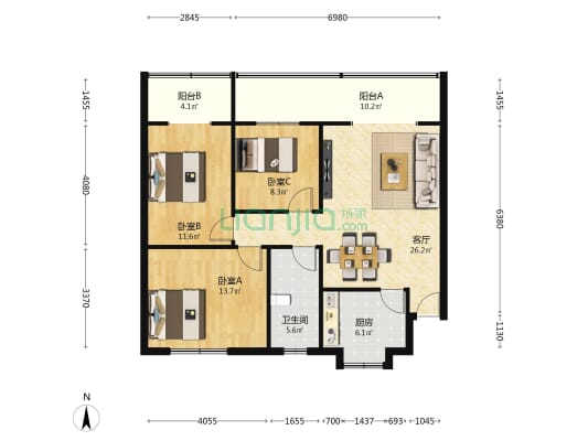 紫薇社区 3室1厅1卫 95平方