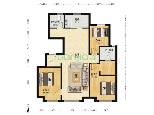 实地蔷薇国际 3室1厅2卫 110平方