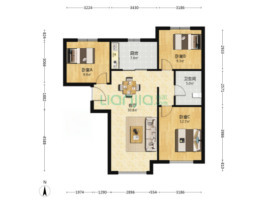 高铁新干线 3室2厅 南 北-户型图