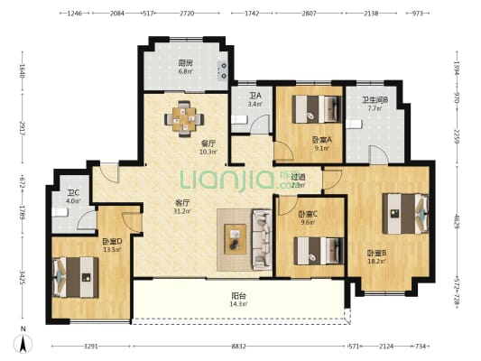 兰香园 4室2厅3卫 168平方