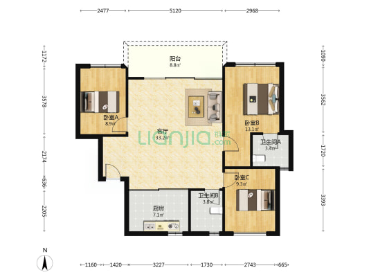 锦城华创日方创展流光拾沐 3室1厅2卫 105平方