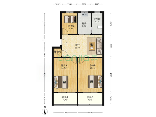 中坝北路26号 3室1厅1卫 91平方