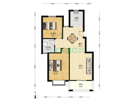 士清花苑 2室2厅1卫 86平方