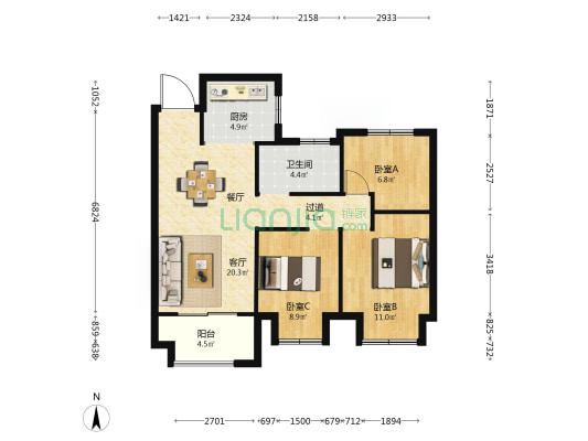 荣安林语湖院 3室1厅1卫 87平方