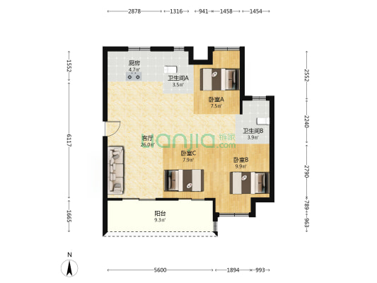 恒荣蓝泽悦滨江 3室1厅2卫 83平方