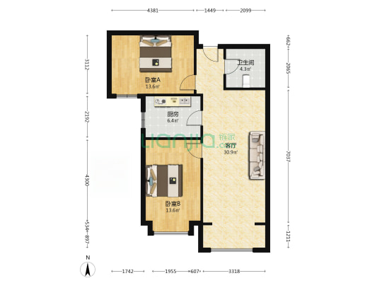 香邑溪谷南向两居，无遮挡，小区南侧位置-户型图