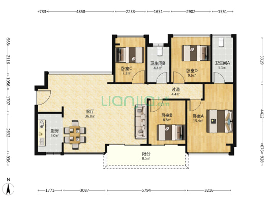 粤港湾华堂里1号 4室1厅2卫 119平方