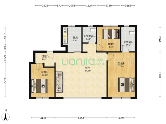 璀璨璟园 3室1厅2卫 121平方
