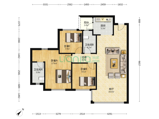 邦泰熙华天骄 3室1厅2卫 98平方