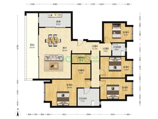 中粮保利天玺壹号天玺 4室1厅2卫 161平方