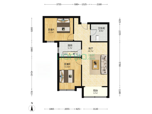 玫瑰园南向两居室 中间楼层 采光充足 环境好出行方便-户型图