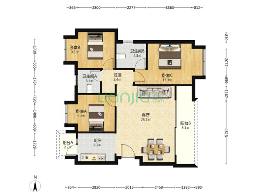 龙湖長滩原麓倾麓 3室1厅2卫 99平方