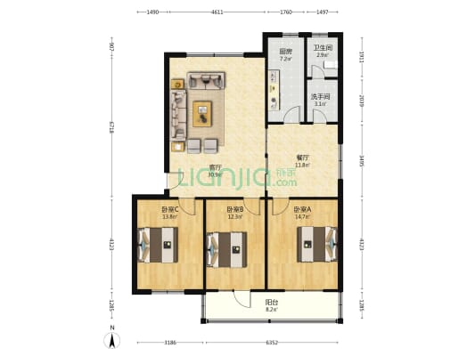 粮食局小区 3室2厅2卫 130平方