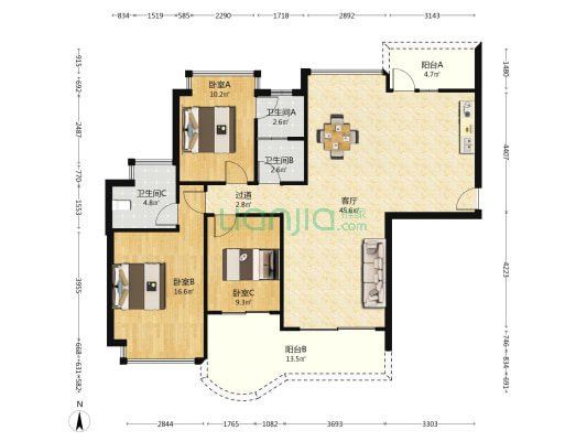 天明东华阁 3室1厅3卫 129平方