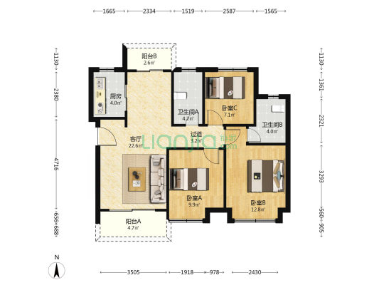 锦绣东宸 3室1厅2卫 89平方