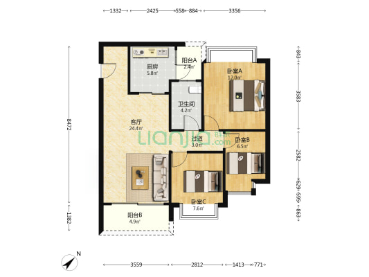 恒大锦城一期3组团 3室1厅1卫 91平方