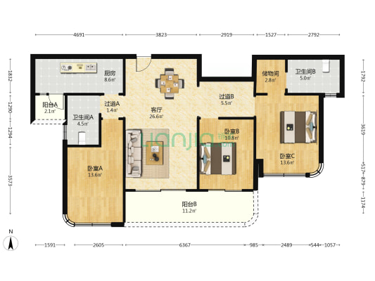城投置地天湖岸 3室1厅2卫 128平方
