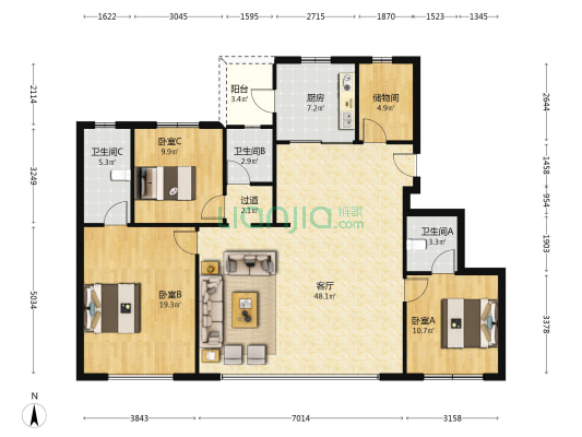 保利东港天珺 3室1厅3卫 135平方