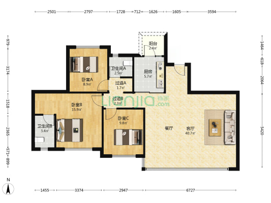 邦泰天府云璟 3室1厅2卫 114平方