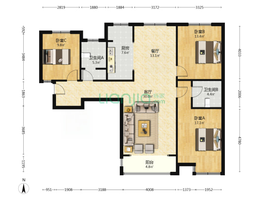金品时代 3室2厅 南 北-户型图