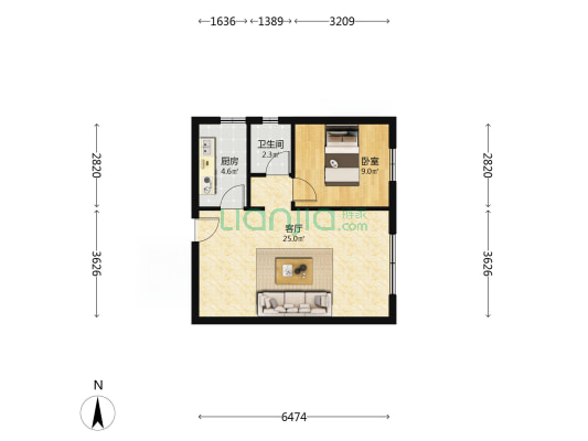 冠云路新加坡花园正规一居室户型方正-户型图