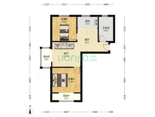 德信公园旁花园社区西南北向两居出售-户型图