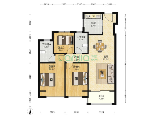 中海悦湖东方 3室1厅2卫 113平方