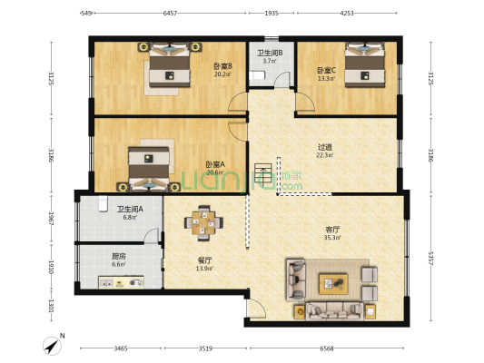 审计局宿舍 3室2厅2卫 165平方