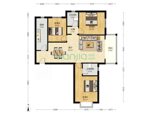 文华里西区 3室1厅2卫 133平方