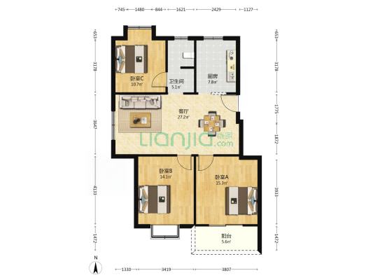 华厦小区 3室1厅1卫 108平方