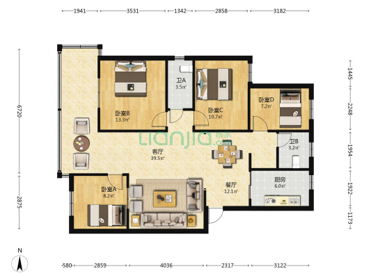 船房小区火电公司宿舍 4室2厅2卫 104平方