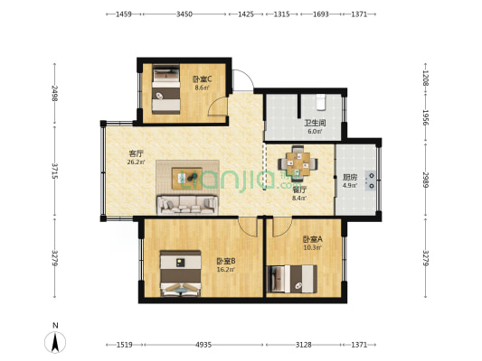 春雨小区 3室2厅1卫 110平方