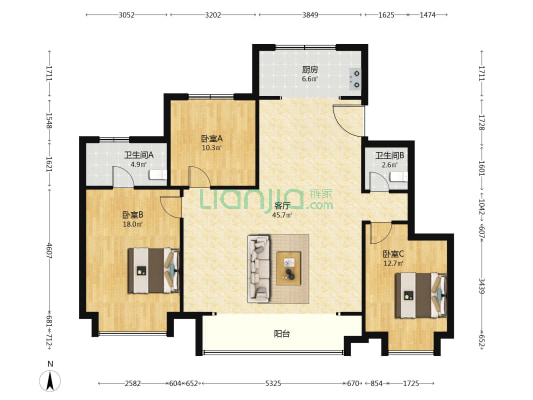 东方和府 3室1厅2卫 145平方