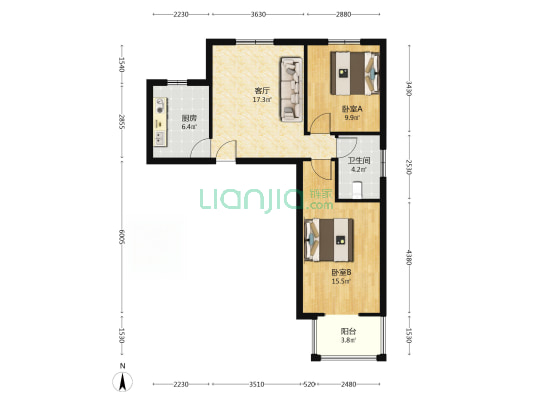 房子南北通透两居精装修未住本满二-户型图