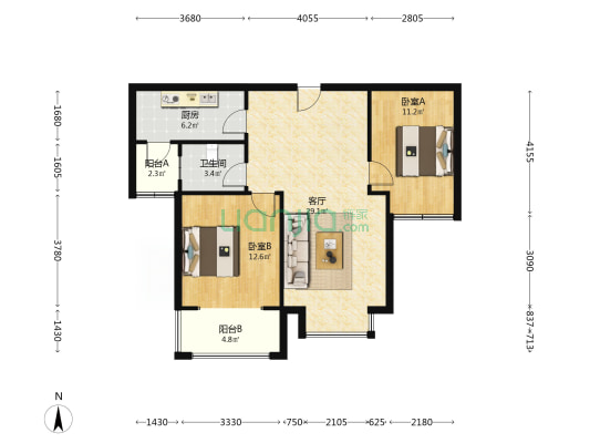 天伦湾一期大两居 采光无遮挡 拎包入住-户型图