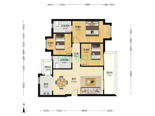 鼎仁天越 3室1厅2卫 92平方
